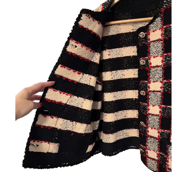 Sezane L Valerio Knit Lady Jacket Wool Checkered Boxy Blazer Gold Buttons Black - Picture 5 of 10